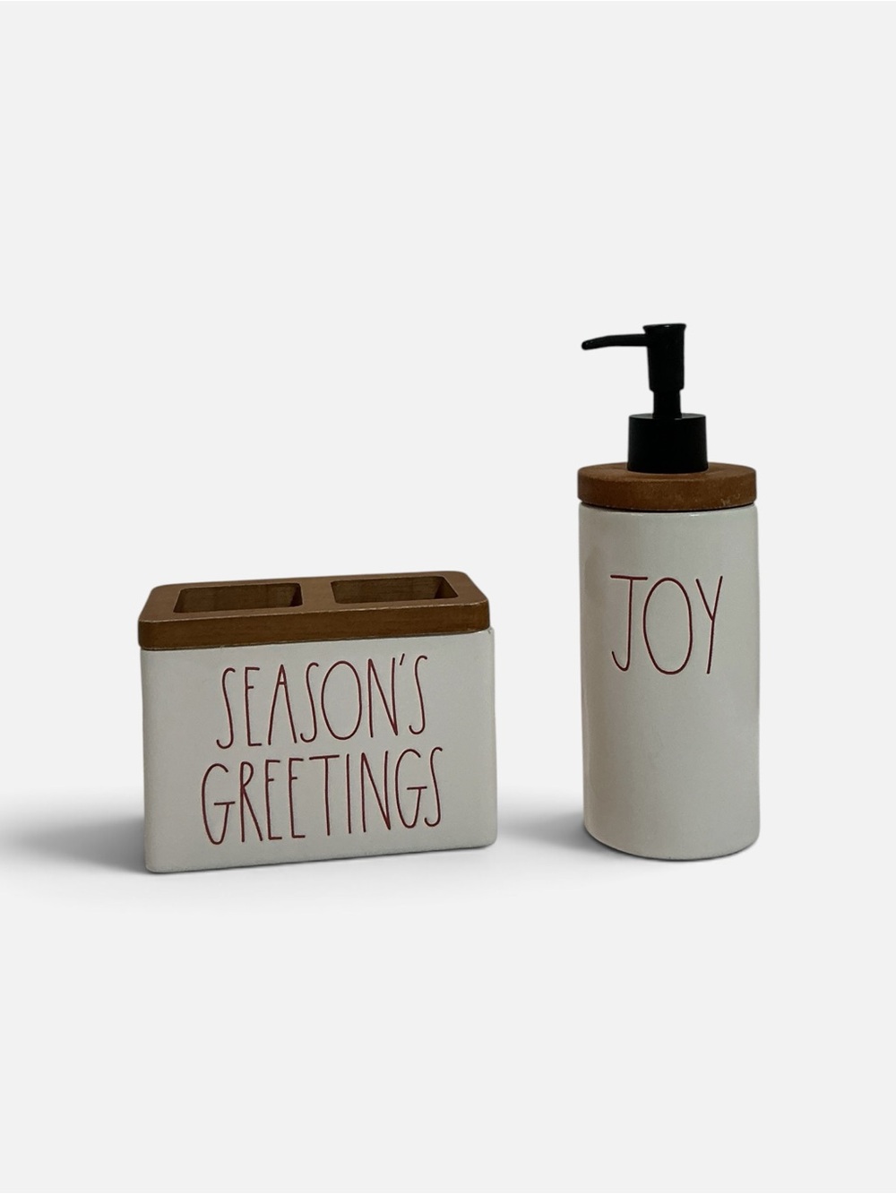 Rae Dunn White and Brown 'Season's Greetings' & 'Joy' Ceramic Bath Set